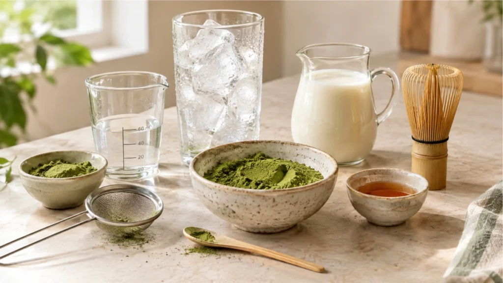 iced matcha ingredients including matcha powder, water, milk, ice, and bamboo whisk