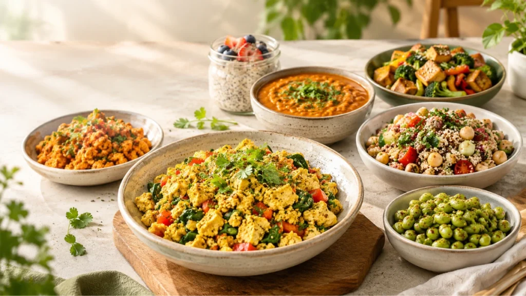 Seven high-protein vegetarian recipes including tofu scramble, overnight oats, chickpea quinoa salad, paneer bhurji, red lentil curry, tofu stir-fry, and edamame