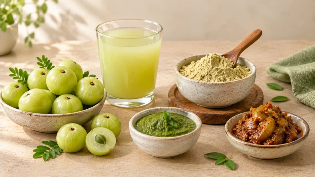 Different ways to consume amla, including fresh fruit, juice, powder, chutney and pickle